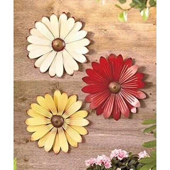 Set of 3 Metal Flower Wall Art - Whimsical Spring Decor in Cream, Red and Yellow - Picture 10 of 10